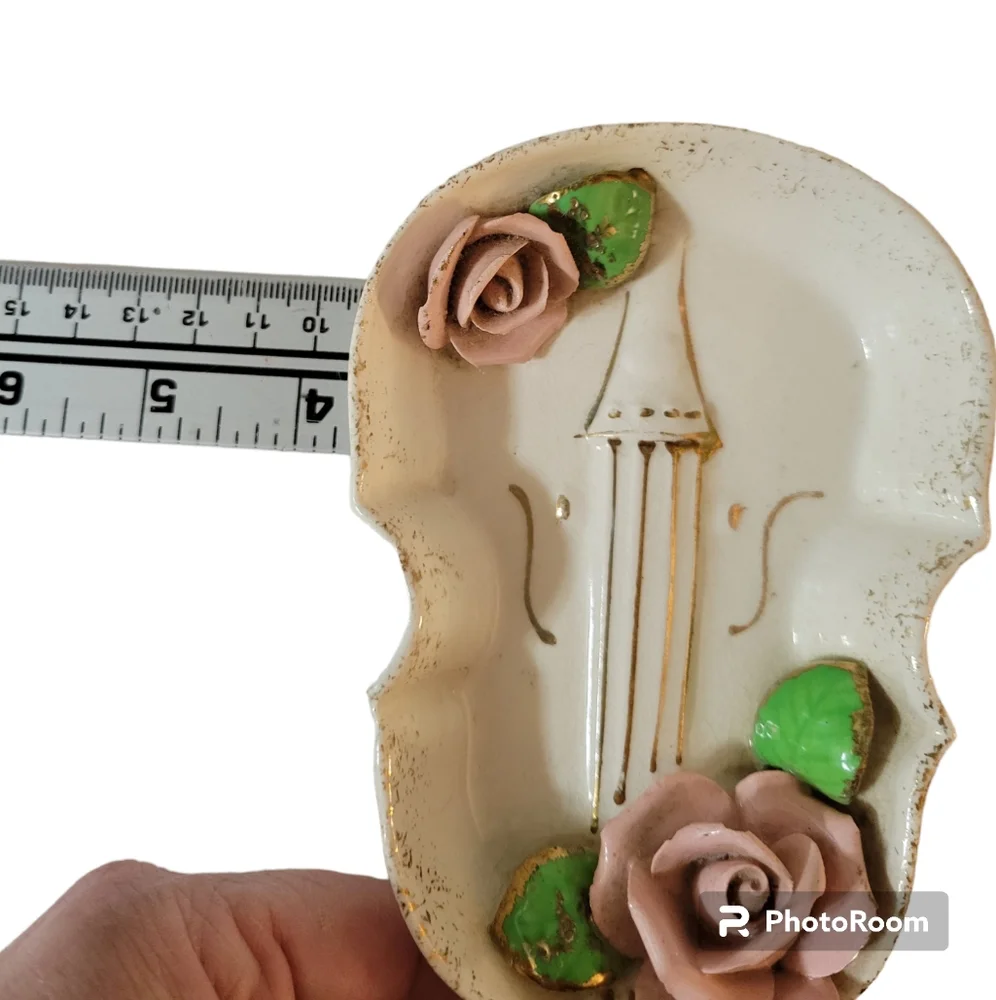 Vintage Lefton Violin Chello Trinket Dish Roses